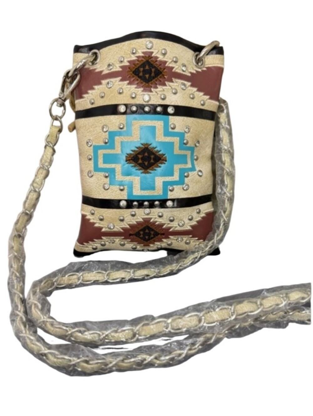 Boho Turquoise Crossbody Bag with Stud Accents